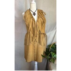 VTG Latigo West Suede Leather Tan Fringe Skirt Vest Set Western S